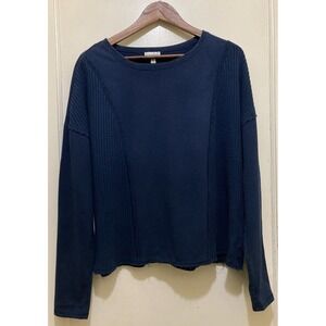 Wonderly Waffle Knit Womens Top XL Blue Round Neck Raw-Edge Hem Cozy Boho-Chic